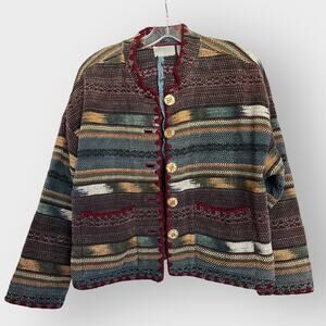 Vintage striped woven jacket, wood buttons 100% cotton Medium‎ petite